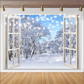 Lofaris White Window Winter Holiday Backdrop with Snowy Forest and Fairy Lights Blue Sky Photography Background for Festive Event Decor