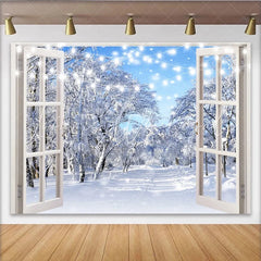 Lofaris White Window Winter Holiday Backdrop with Snowy Forest and Fairy Lights Blue Sky Photography Background for Festive Event Decor