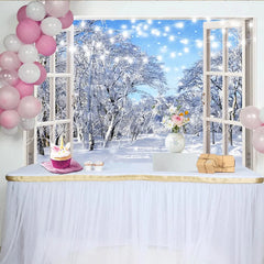 Lofaris White Window Winter Holiday Backdrop with Snowy Forest and Fairy Lights Blue Sky Photography Background for Festive Event Decor