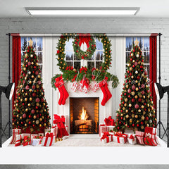 Lofaris White Window Wreath Fireplace Christmas Backdrop