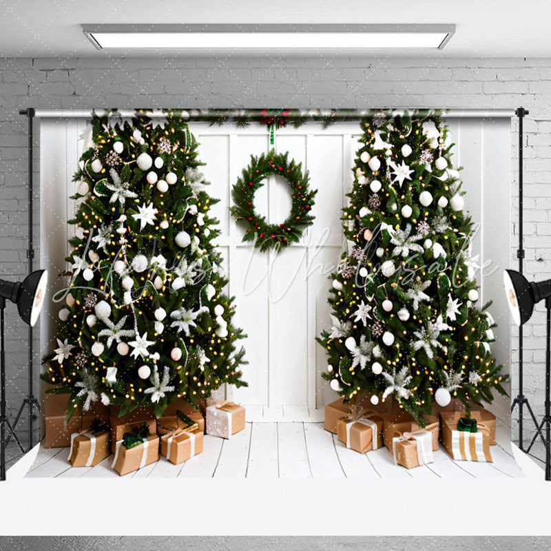 Lofaris White Wood Door Wreath Christmas Tree Gift Backdrop