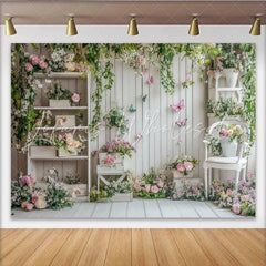 Lofaris White Wood Floral Garden Photography Backdrop with Butterflies Elegant Studio Background for Spring Photoshoot and Party Decor