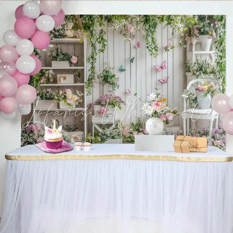 Lofaris White Wood Floral Garden Photography Backdrop with Butterflies Elegant Studio Background for Spring Photoshoot and Party Decor