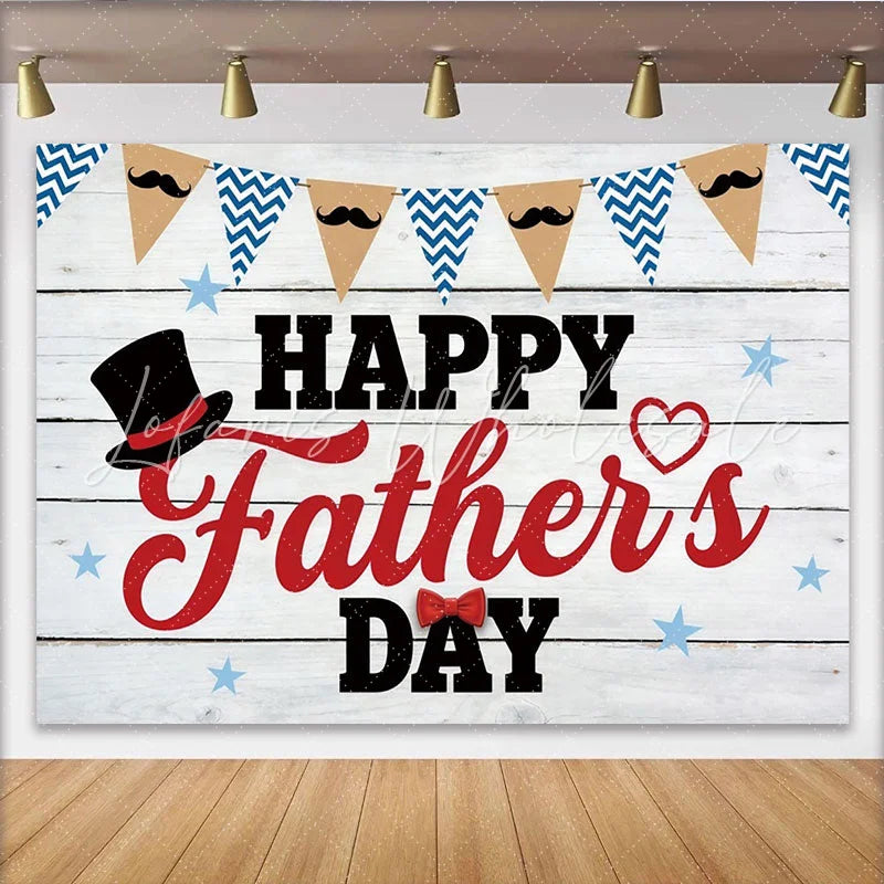 Lofaris White Wood Happy Father’s Day Backdrop with Top Hat Bow Tie and Mustache Banners Holiday Photography Background for Party Decor
