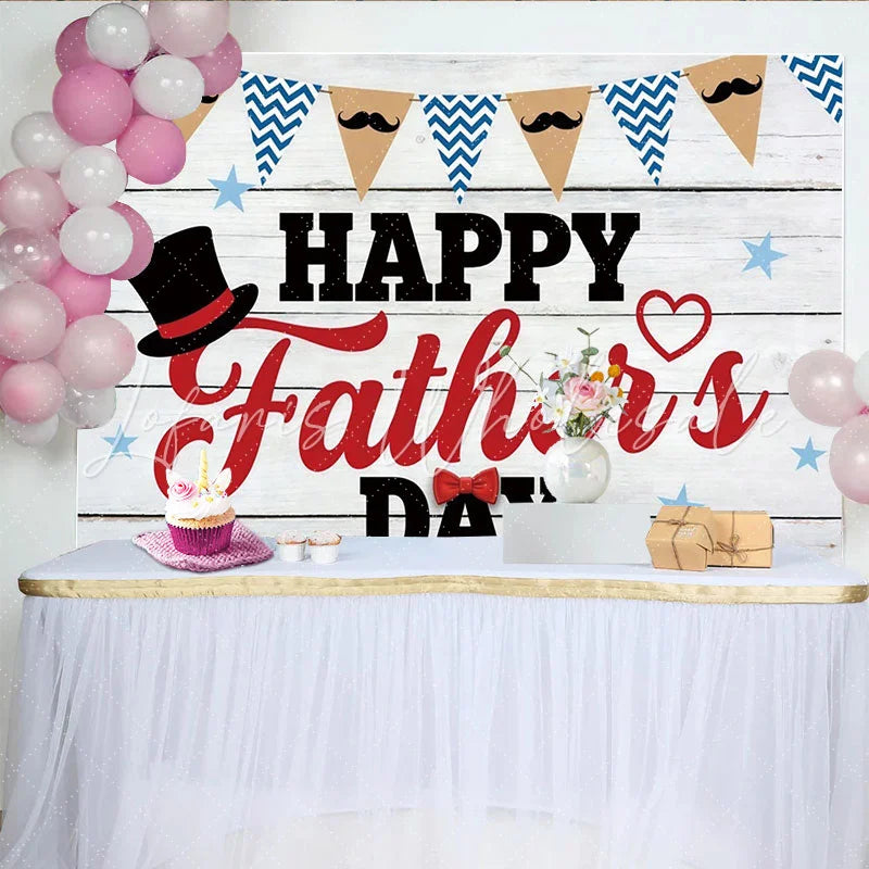 Lofaris White Wood Happy Father’s Day Backdrop with Top Hat Bow Tie and Mustache Banners Holiday Photography Background for Party Decor