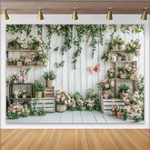 Lofaris White Wood Plank Rustic Floral Photography Backdrop with Pink Roses and Green Vines Butterfly Studio Background for Photoshoot