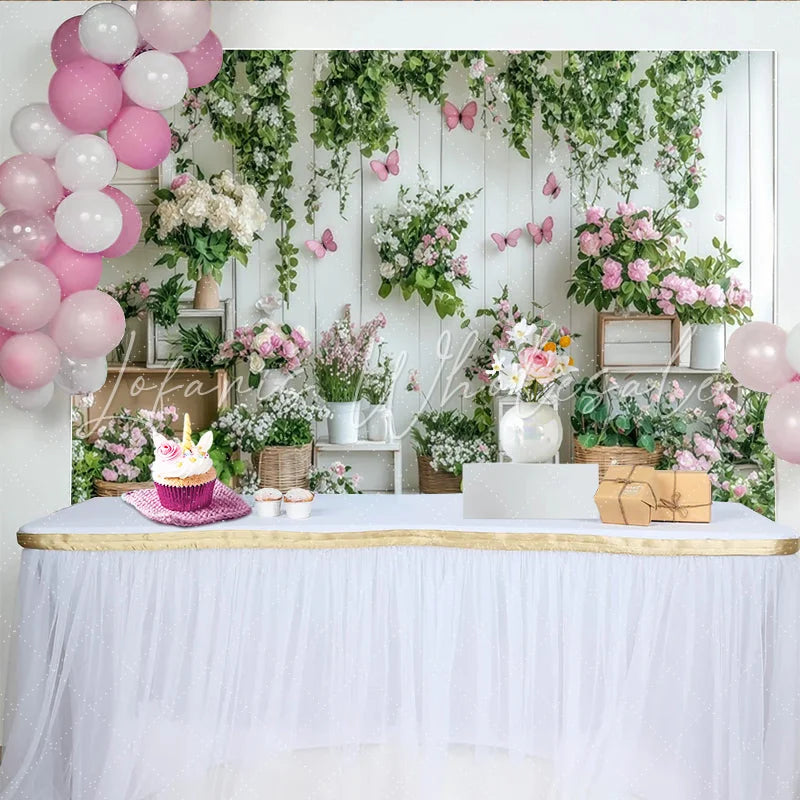 Lofaris White Wood Spring Floral Garden Photography Backdrop with Pink Butterflies and Green Vines Studio Background for Portrait