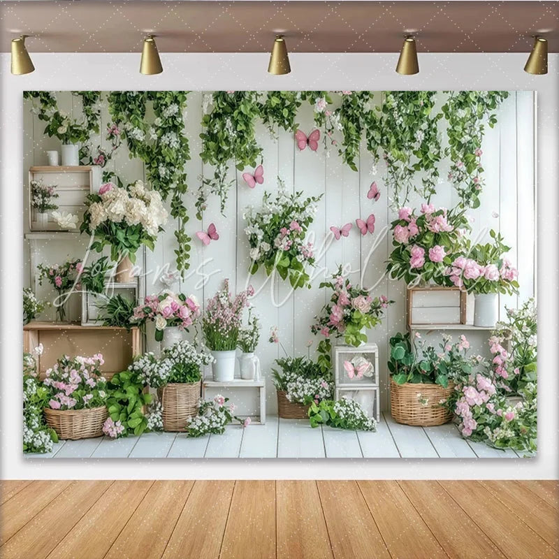 Lofaris White Wood Spring Floral Garden Photography Backdrop with Pink Butterflies and Green Vines Studio Background for Portrait