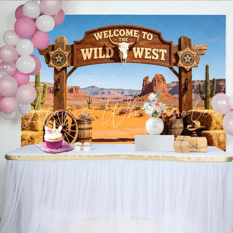 Lofaris Wild West Photography Backdrop with Wooden Arch Desert Landscape and Cowboy Props Rustic Studio Background for Party Decor