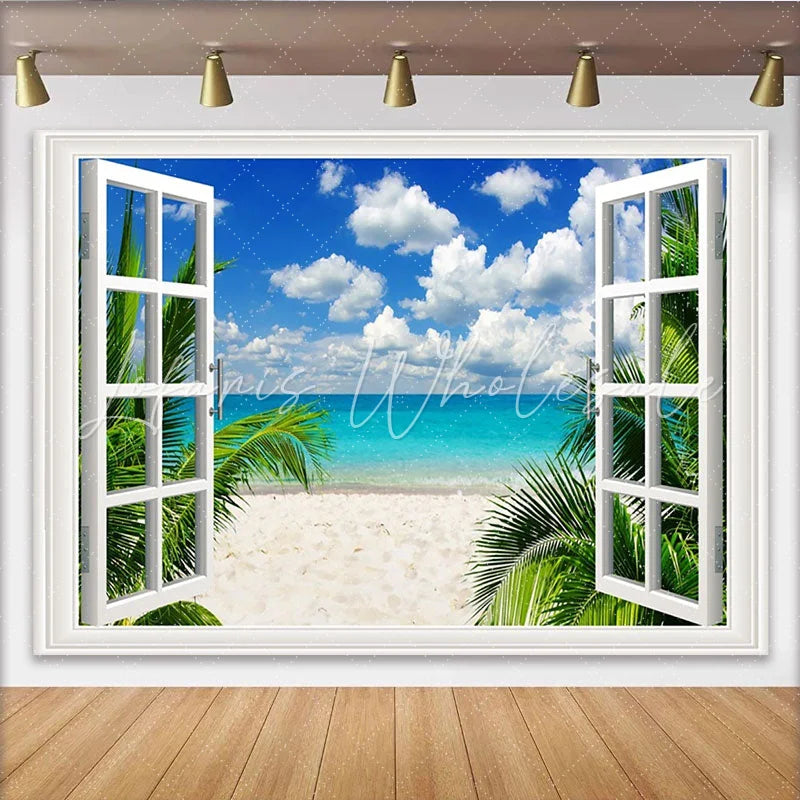 Lofaris Window View Tropical Beach Photography Backdrop with Palm Trees Blue Ocean Vibrant Scenery Background for Summer Photoshoot