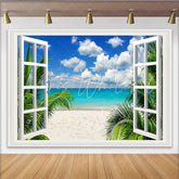 Lofaris Window View Tropical Beach Photography Backdrop with Palm Trees Blue Ocean Vibrant Scenery Background for Summer Photoshoot