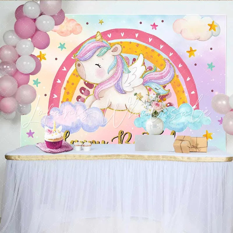 Lofaris Winged Chubby Unicorn Backdrop Colorful Rainbow and Pastel Cloud Birthday Party Banner