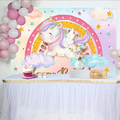 Lofaris Winged Chubby Unicorn Backdrop Colorful Rainbow and Pastel Cloud Birthday Party Banner