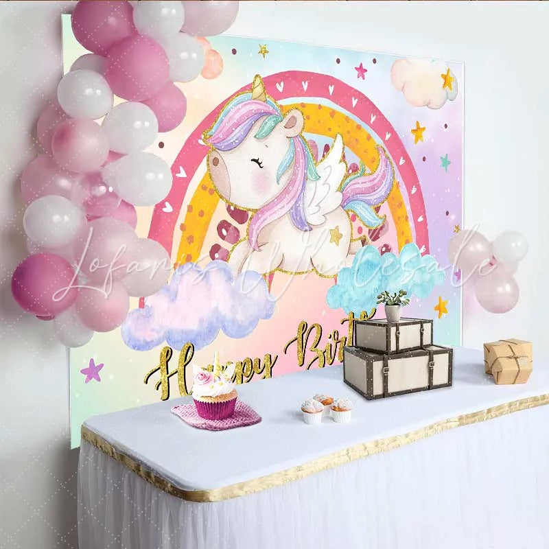 Lofaris Winged Chubby Unicorn Backdrop Colorful Rainbow and Pastel Cloud Birthday Party Banner