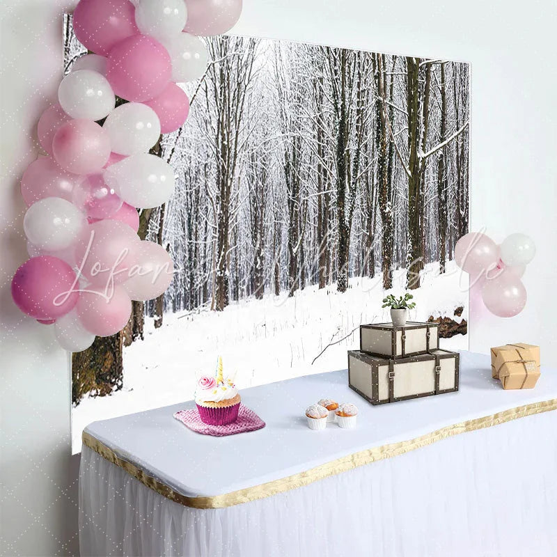 Lofaris Winter Forest Photography Backdrop with Snow Covered Bare Trees and Natural Scenery Serene Studio Background for Portrait Photoshoot