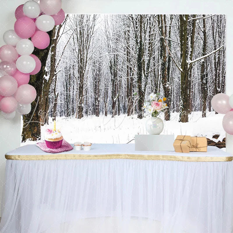Lofaris Winter Forest Photography Backdrop with Snow Covered Bare Trees and Natural Scenery Serene Studio Background for Portrait Photoshoot