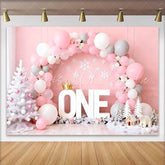 Lofaris Winter ONEderland Birthday Cake Smash Backdrop Pink and White Balloon Arch with Snowflakes and Polar Bear