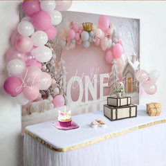 Lofaris Winter Pink Balloon First Birthday Backdrop Gold Crown ONE Sign Snowy Tree Girl Background