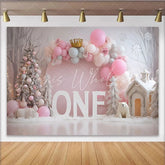 Lofaris Winter Pink Balloon First Birthday Backdrop Gold Crown ONE Sign Snowy Tree Girl Background