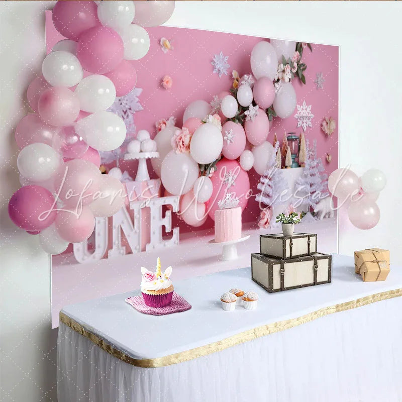 Lofaris Winter Pink Snowflake First Birthday Cake Smash Backdrop White Trees ONE Sign Girl Party Background
