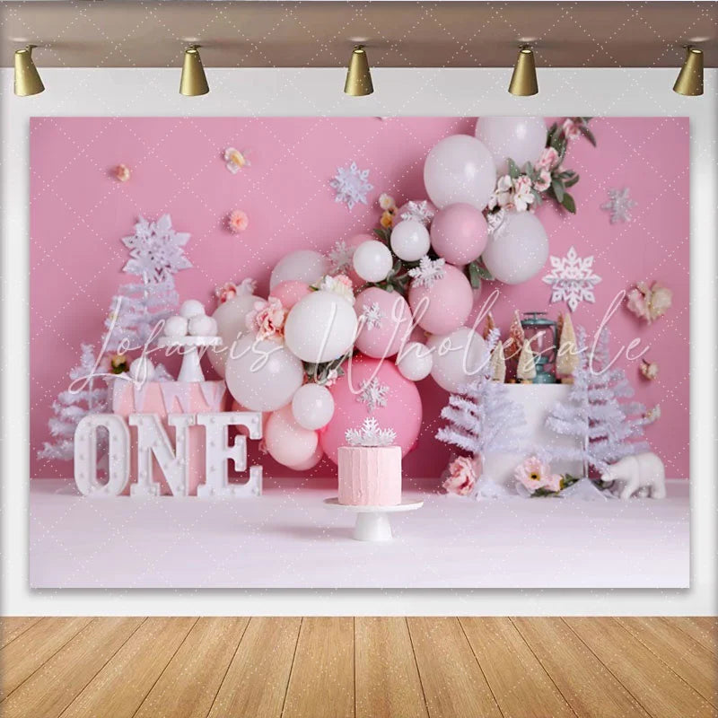 Lofaris Winter Pink Snowflake First Birthday Cake Smash Backdrop White Trees ONE Sign Girl Party Background