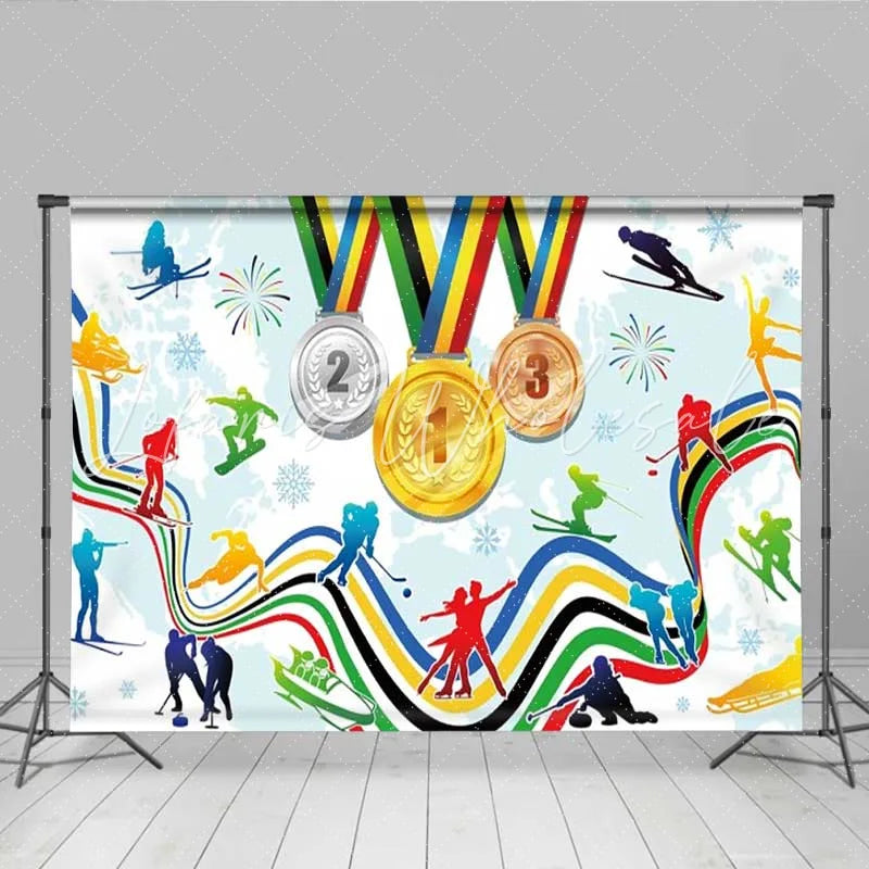 Lofaris Winter Sports Champions Medals Backdrop Skating and Skiing Competition Party Decoration Background