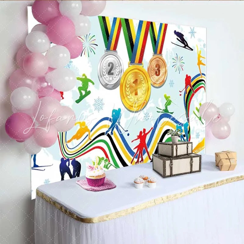 Lofaris Winter Sports Champions Medals Backdrop Skating and Skiing Competition Party Decoration Background