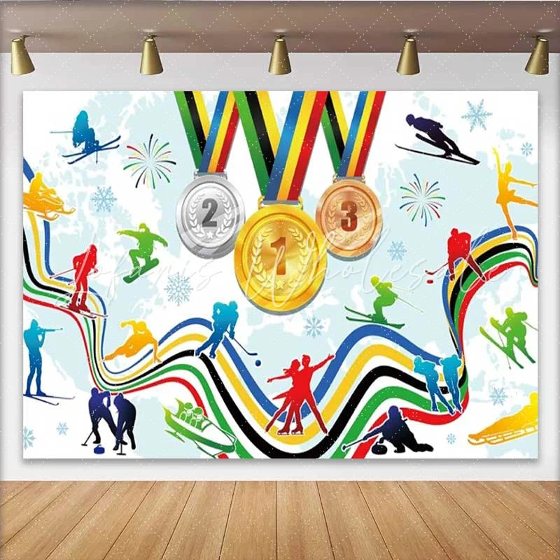 Lofaris Winter Sports Champions Medals Backdrop Skating and Skiing Competition Party Decoration Background