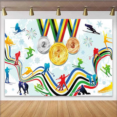 Lofaris Winter Sports Champions Medals Backdrop Skating and Skiing Competition Party Decoration Background