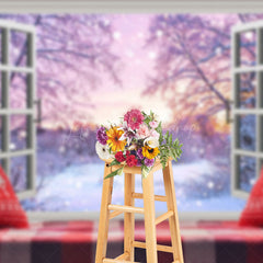 Lofaris Winter Sunset Cozy Bay Window Christmas Backdrop