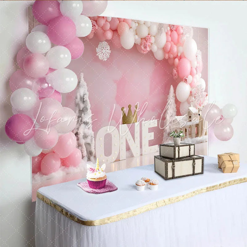 Lofaris Winter Wonderland First Birthday Backdrop Pink Balloon ONE Sign Crown Girl Party Background