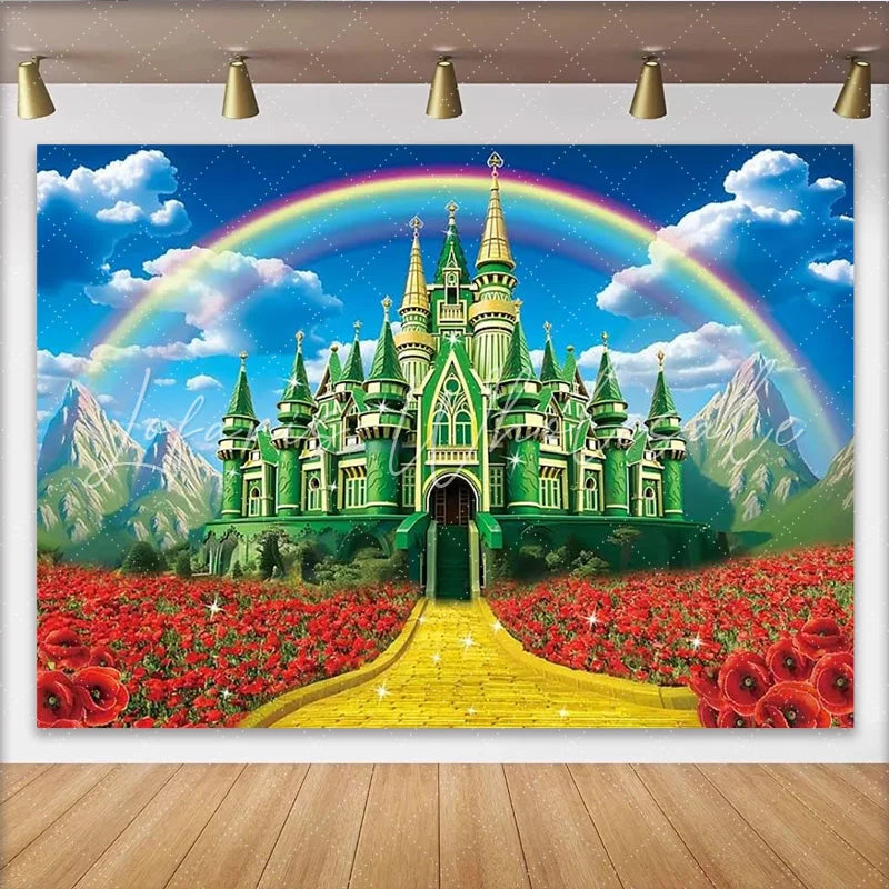 Lofaris Wizard of Oz Inspired Backdrop with Emerald City Yellow Brick Road and Rainbow Fairytale Movie Party Decor