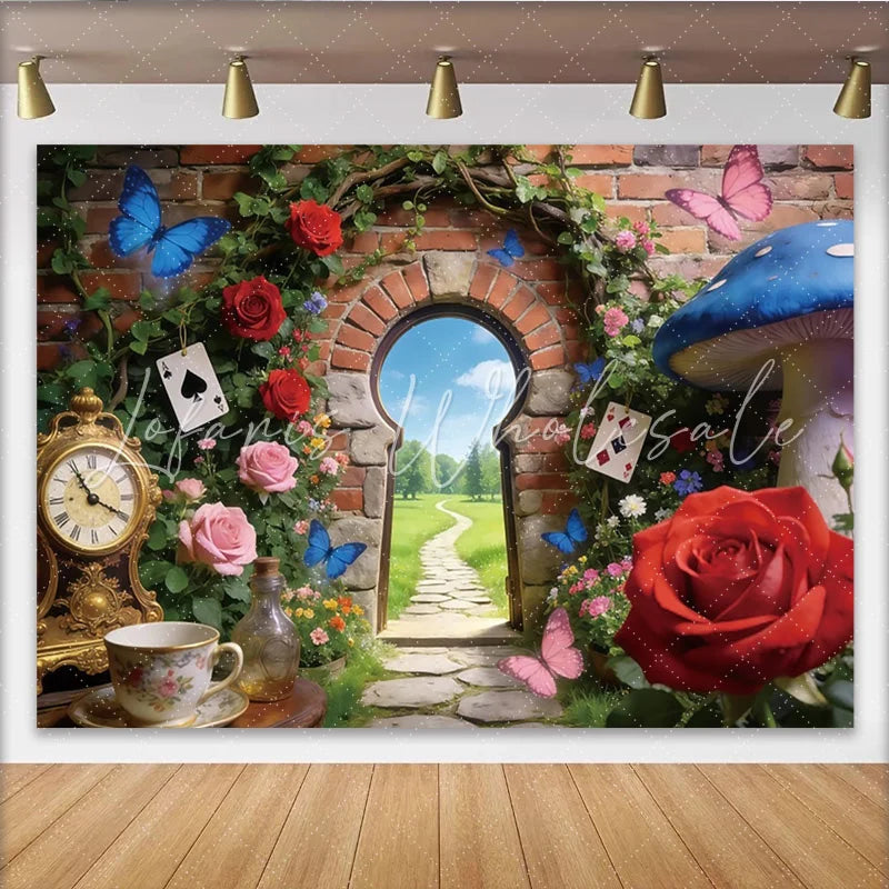 Lofaris Wonderland Photography Backdrop with Magical Archway Roses and Butterflies Enchanting Garden Background for Studio Photoshoot