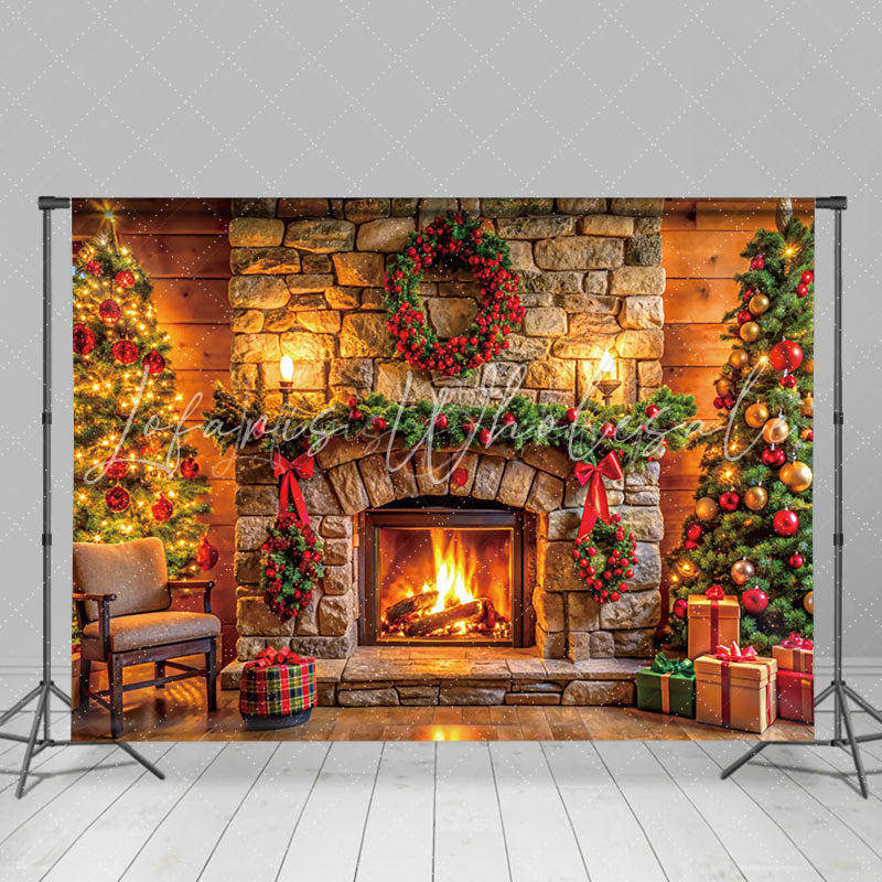 Lofaris Wood Wall Bricks Fireplace Wreath Christmas Backdrop