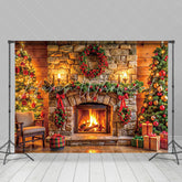 Lofaris Wood Wall Bricks Fireplace Wreath Christmas Backdrop