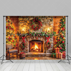 Lofaris Wood Wall Bricks Fireplace Wreath Christmas Backdrop