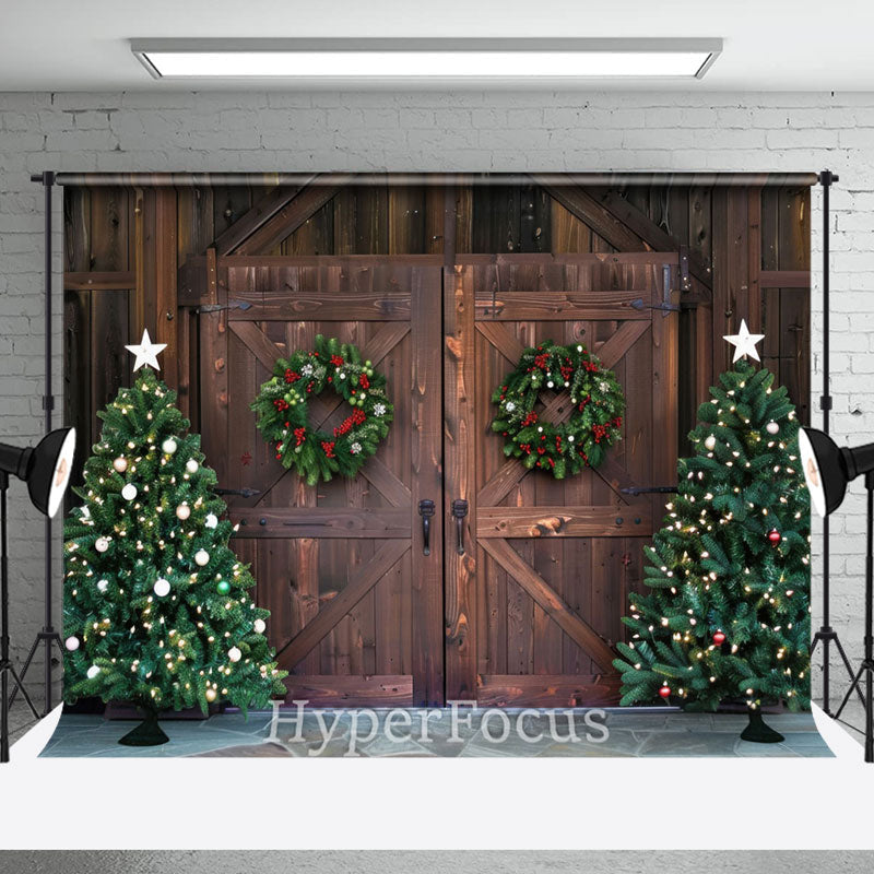 Lofaris Wooden Barn Door Pine Wreath Tree Christmas Backdrop