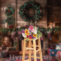 Lofaris Wooden Cabin Trees Fireplace Festive Photo Backdrop