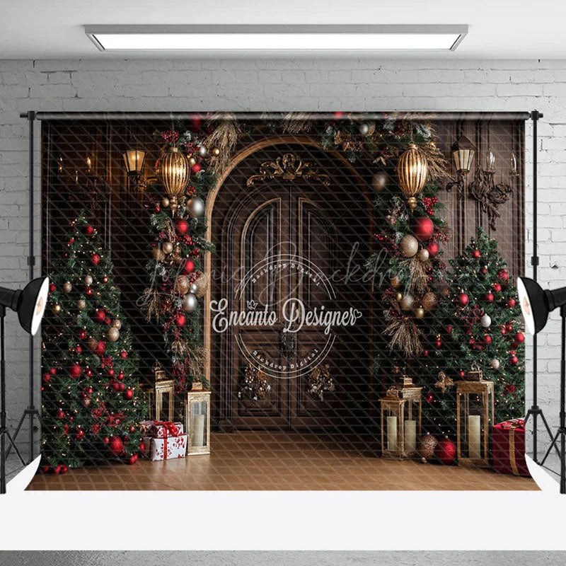 Lofaris Wooden Door Golden Lantern Baubles Christmas Backdrop