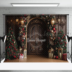 Lofaris Wooden Door Golden Lantern Baubles Christmas Backdrop