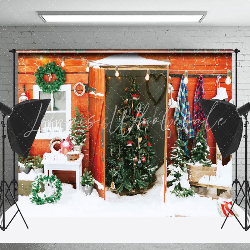 Lofaris Wooden Door Oursode Christmas Tree Snowy Backdrop