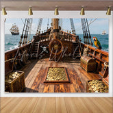 Lofaris Wooden Pirate Ship Birthday Backdrop with Treasure and Parrot Ocean Adventure Party Background for Kids Photoshoot
