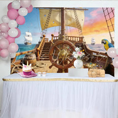 Lofaris Wooden Pirate Ship Photography Backdrop with Treasure Chests and Parrot Ocean Adventure Background for Studio Photoshoot