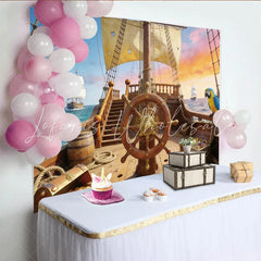 Lofaris Wooden Pirate Ship Photography Backdrop with Treasure Chests and Parrot Ocean Adventure Background for Studio Photoshoot