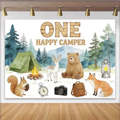Lofaris Woodland Camping One Happy Camper 1st Birthday Backdrop with Forest Animals Nature Photography Background for Party Decor
