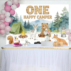 Lofaris Woodland Camping One Happy Camper 1st Birthday Backdrop with Forest Animals Nature Photography Background for Party Decor