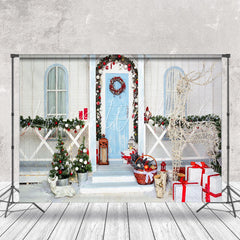 Lofaris Wreath Blue Door Gift Light Deer Christmas Backdrop