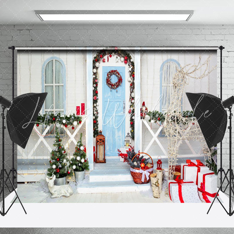 Lofaris Wreath Blue Door Gift Light Deer Christmas Backdrop