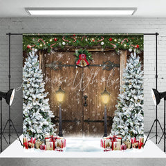 Lofaris Xmas Tree Retro Wooden Door Snowy Christmas Backdrop