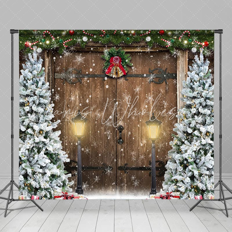 Lofaris Xmas Tree Retro Wooden Door Snowy Christmas Backdrop